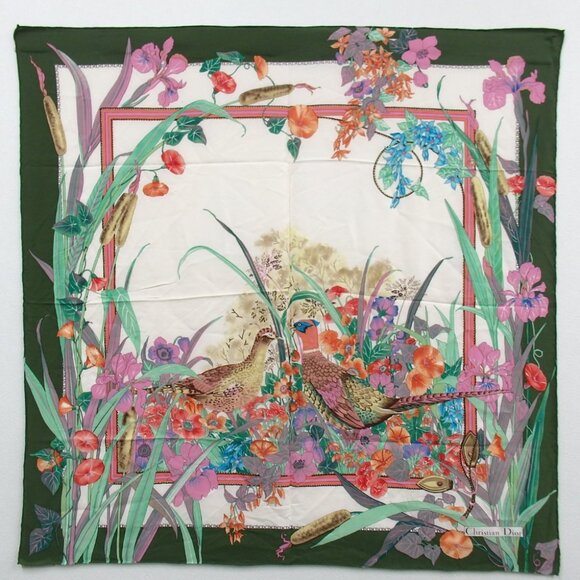 Authentic Christian Dior Flower pattern Bird pattern scarf silk [Used] - Picture 1 of 6